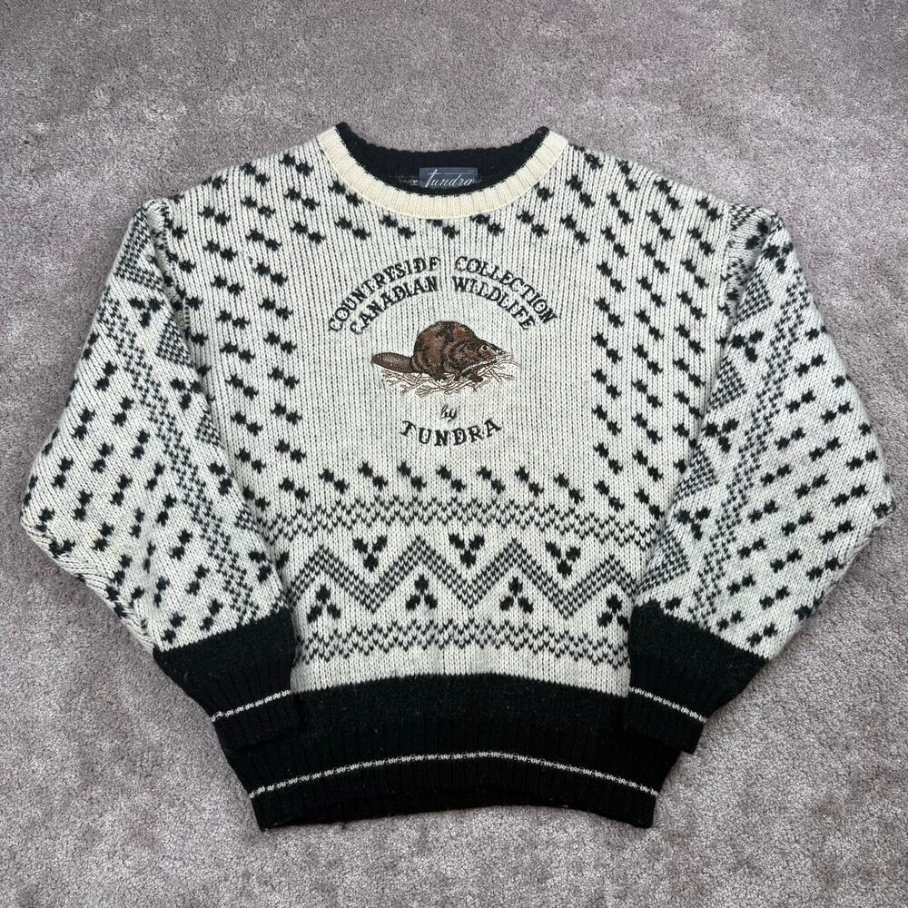 Tundra Canada Beaver Embroidery Fair Isle Sweater Size S Cream Black Wildlife